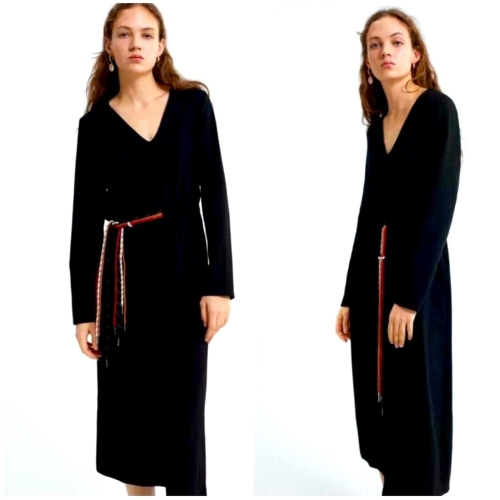 Zara black long sleeve midi dress with colorful strings